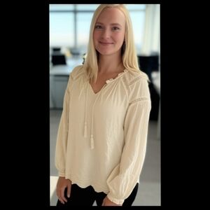 NWT Peasant Boho Tie-Neck Lacy Eyelet Embroidered Cream Cottagecore Top XXL Tall